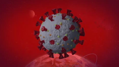 Animation-of-virus-cell-over-globe-and-data-processing-on-red-background