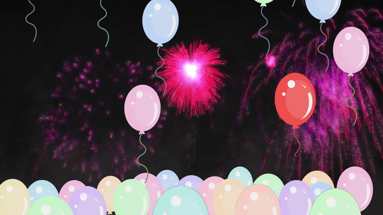 fuegos artificiales estallando y coloridos globos de animación flotando contra el fondo del cielo oscuro