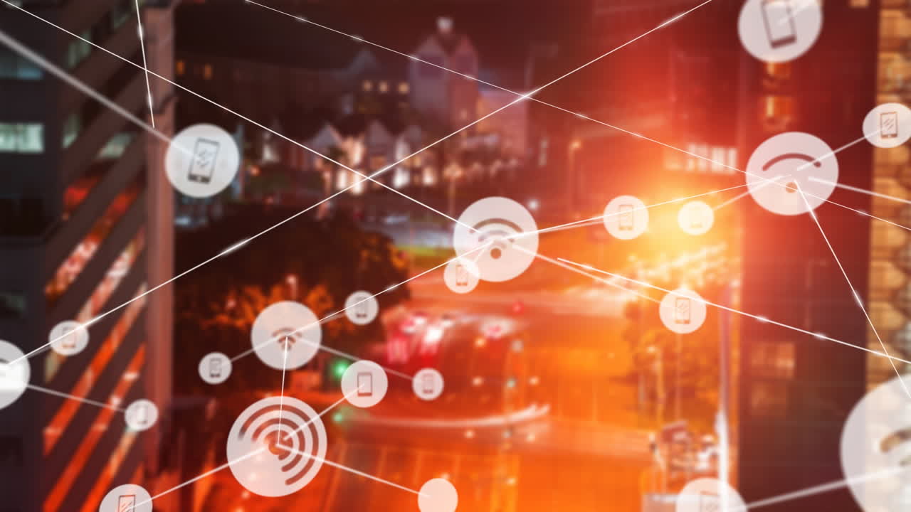 야간 도시 풍경에 대한 연결 네트워크의 애니메이션