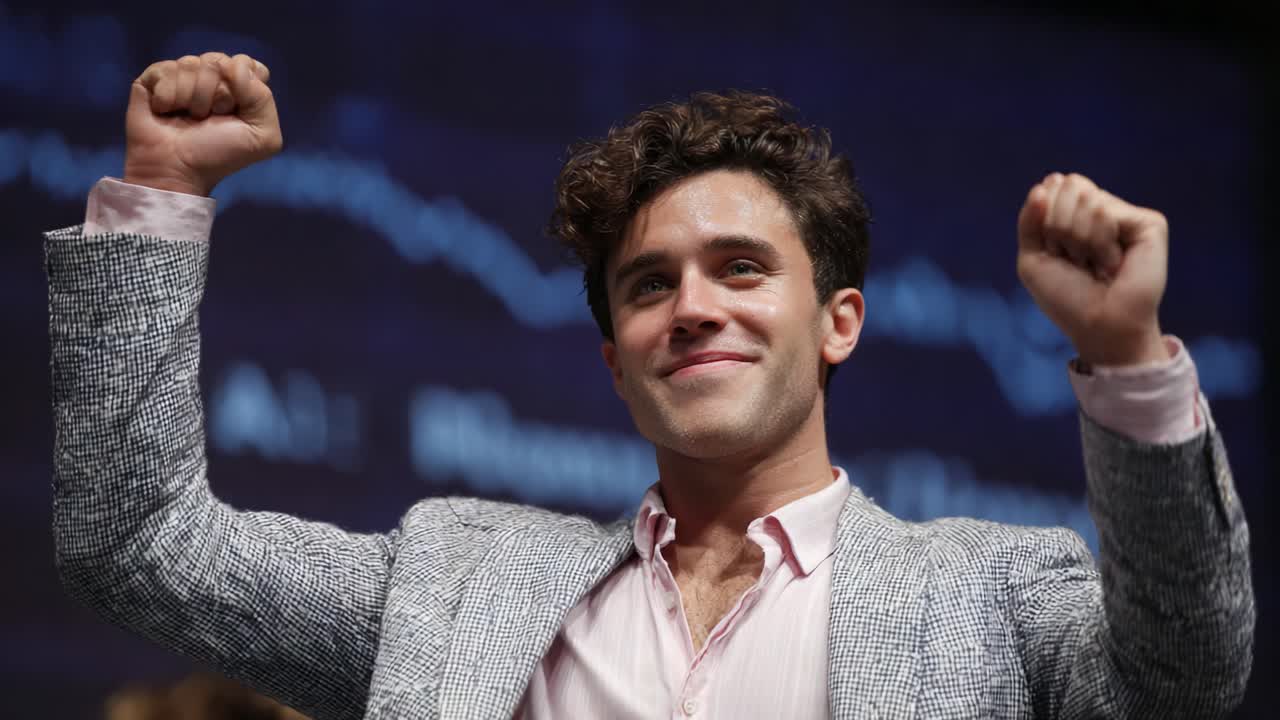 Celebratory Gesture: A Young Man Expresses Joy and Triumph with Raised Fists During an Inspirational Moment on Stage