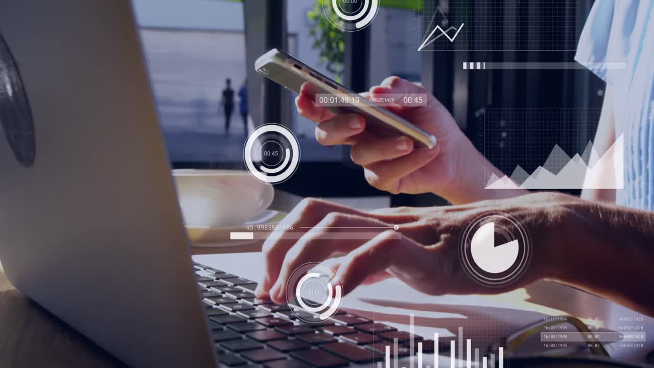 Animation of financial data processing over businessmen using laptop and smartphone