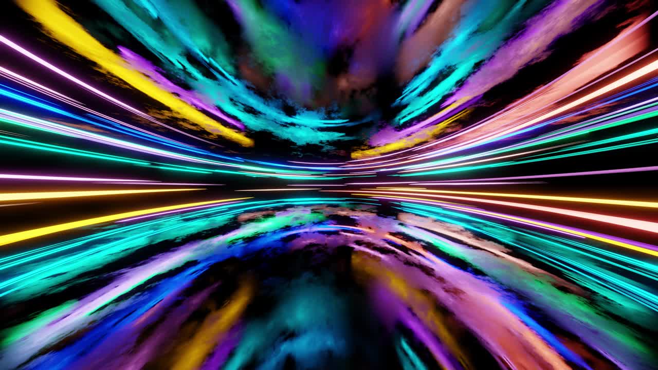 Light stripes moving fast over dark background and are reflected in the floor