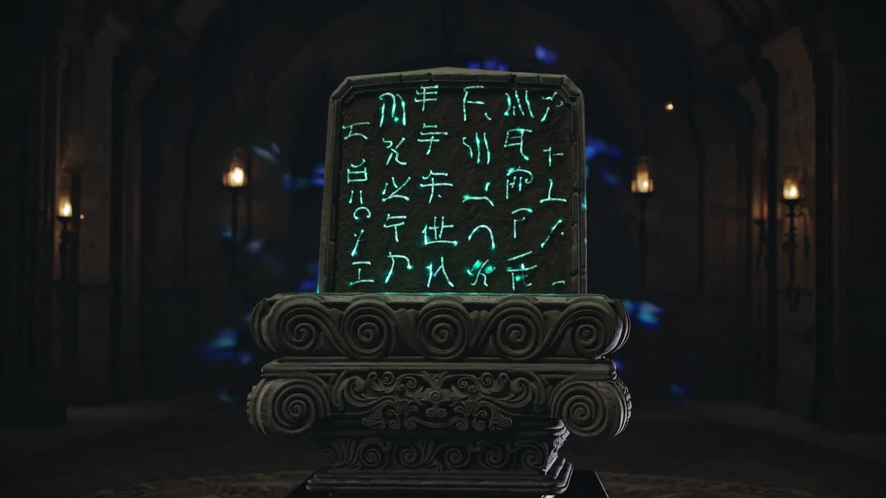 A mystical stone tablet with glowing runes, captured at eye level