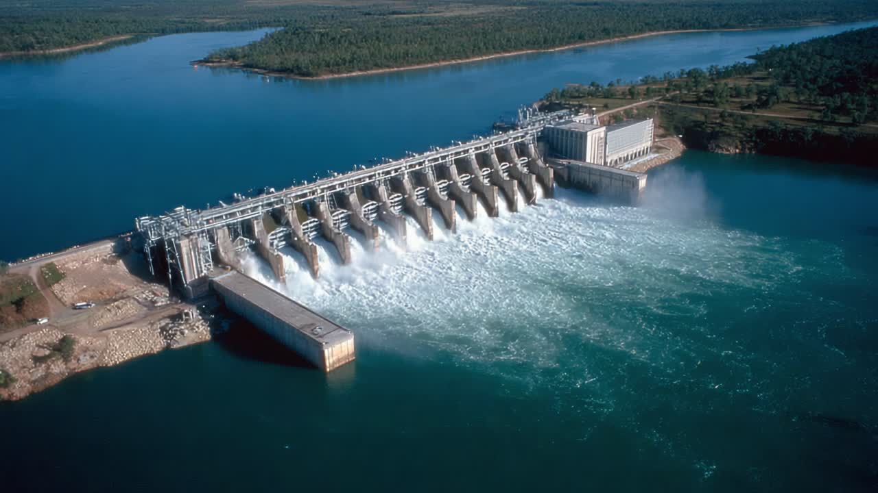 Dynamic Waterscape: Aerial View of a Massive Dam with Flowing Water and Lush Surrounding Landscape Under Clear Skies, Showcasing Engineering and Nature's Power