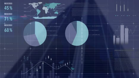 Animation of multicolored infographic interface over abstract background