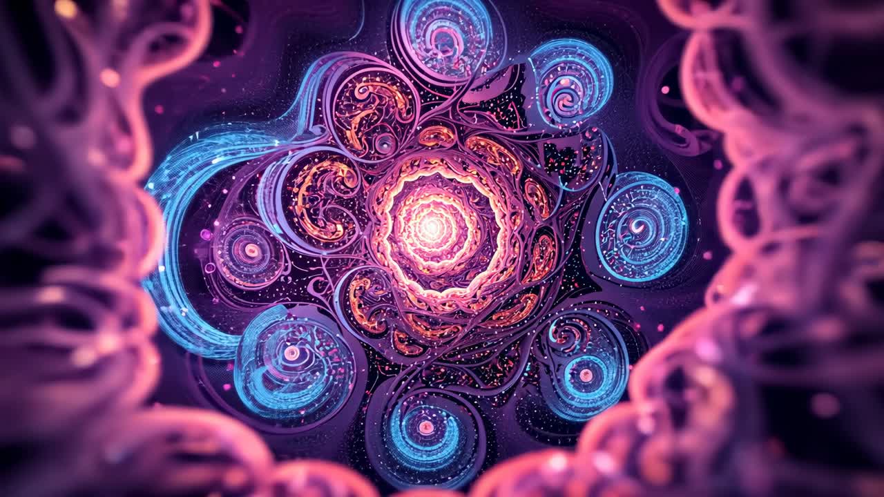 Sequence starting, camera zooming inward through fractal tunnel, showcasing glowing spiral and orbs