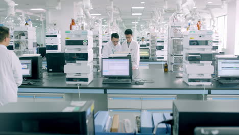 scientists team in lab coats conducting biological experiment on cell culture essay with high tech, test tubes, chemical liquid, advanced machine. forensic exam in lab or pharma, genetics, medicine