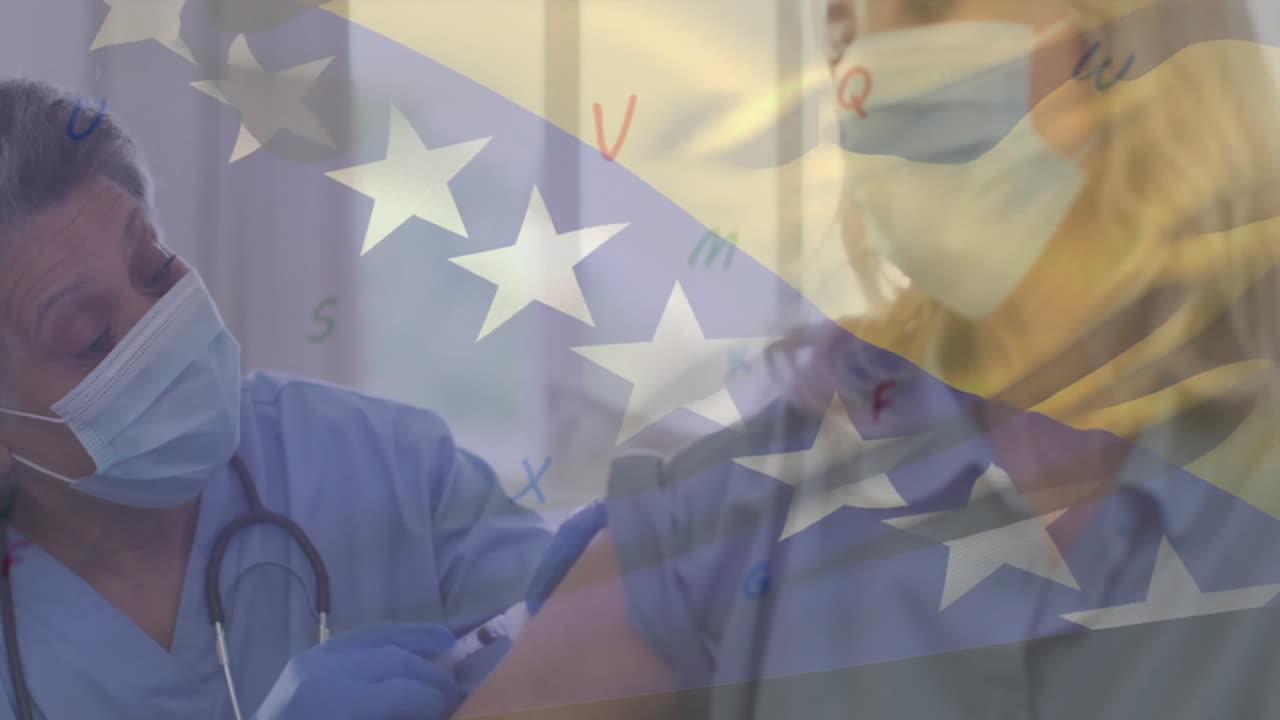 Animation of flag of bosnia and herzegovina over caucasian male doctor vaccinating woman