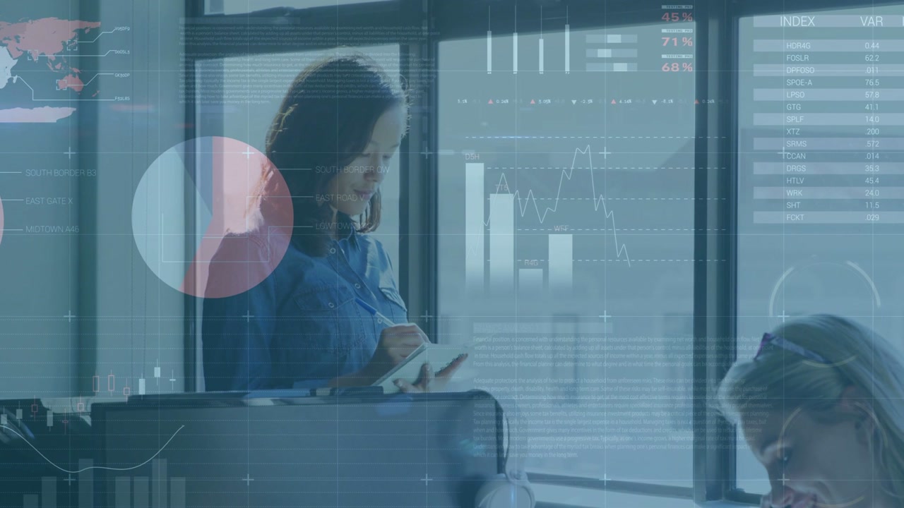 Two women analysts calling, writing at desk, phone call sparking charts connecting to business data