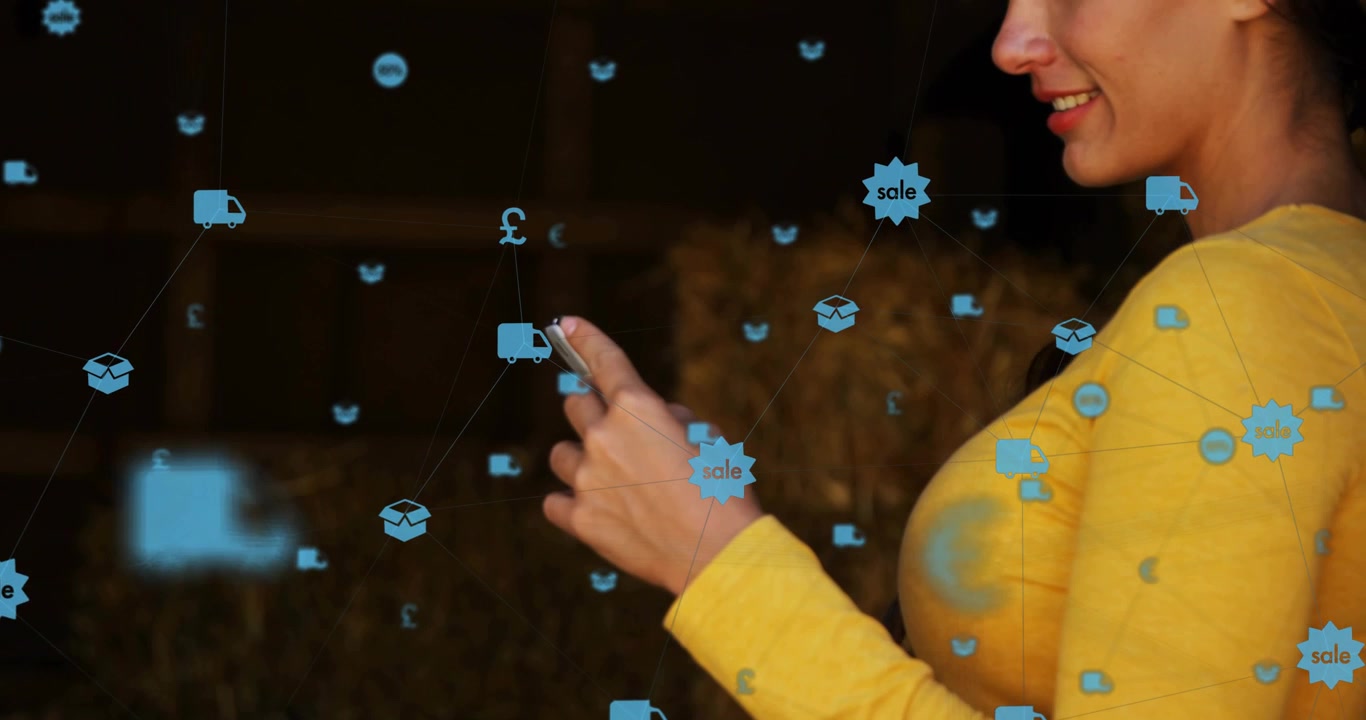 Woman bringing phone into view, tapping while browsing retail deals, blue icons floating in front