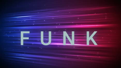 animación de texto funk en azul, sobre parpadeantes haces de luz púrpura y rosa