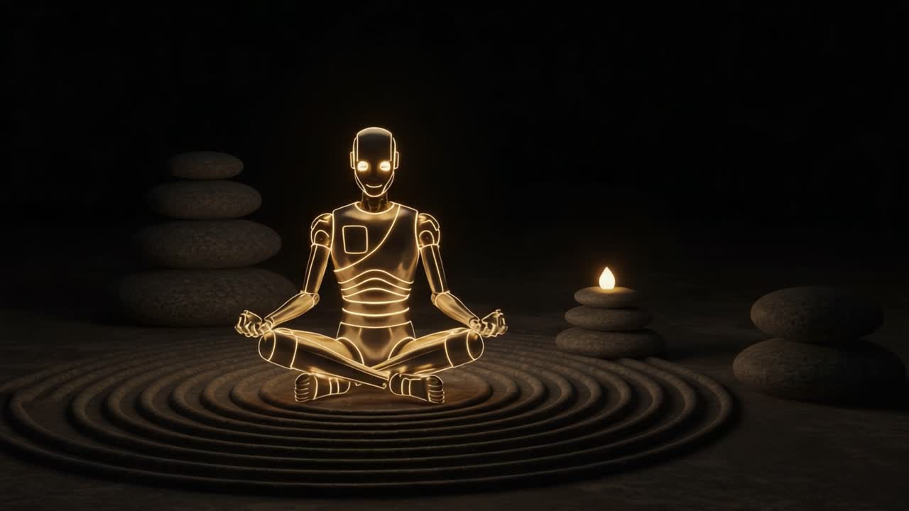 A serene illumination surrounds a meditative robot figure, balancing tranquility and technology amidst stacked stones and a candlelight ambiance