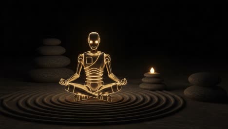 a serene illumination surrounds a meditative robot figure, balancing tranquility and technology amidst stacked stones and a candlelight ambiance