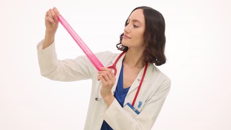 female doctor examining pink surgical mesh