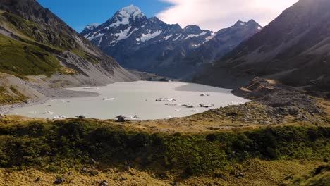 Beautifully-coloured-scenic-overview-of-Hooker-Lake-and-Mt-Cook,-New-Zealand