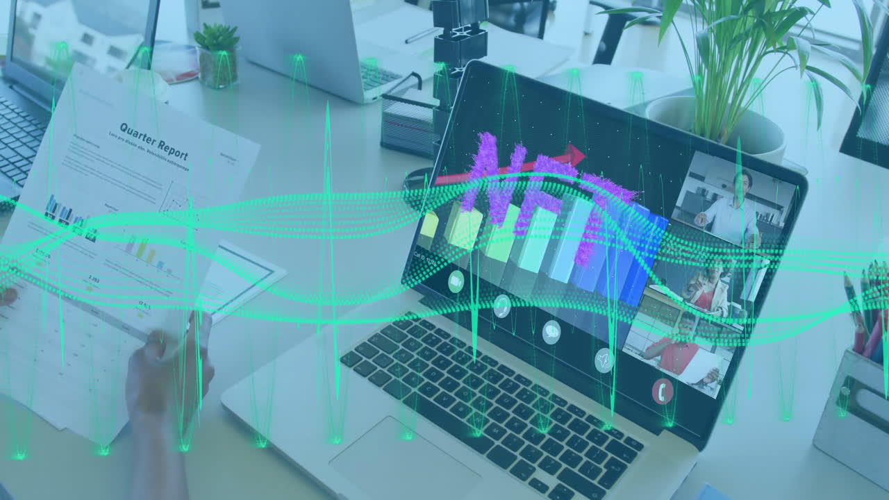 Team reviewing report pages while conducting finance meeting with animated 3D bar?chart waveforms