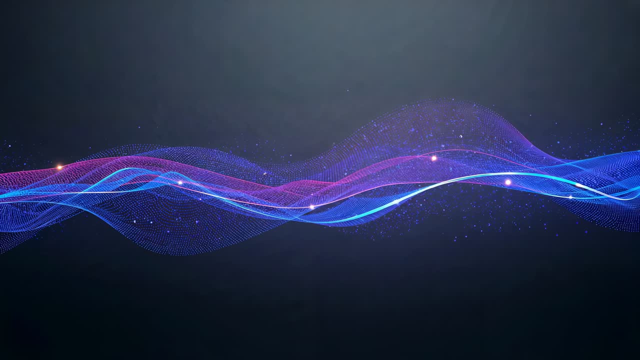 Opening translucent waveform ribbons swelling shifting across dark gradient, forming golden orbs