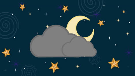 animation of stars and crescent moon with cloud on blue background