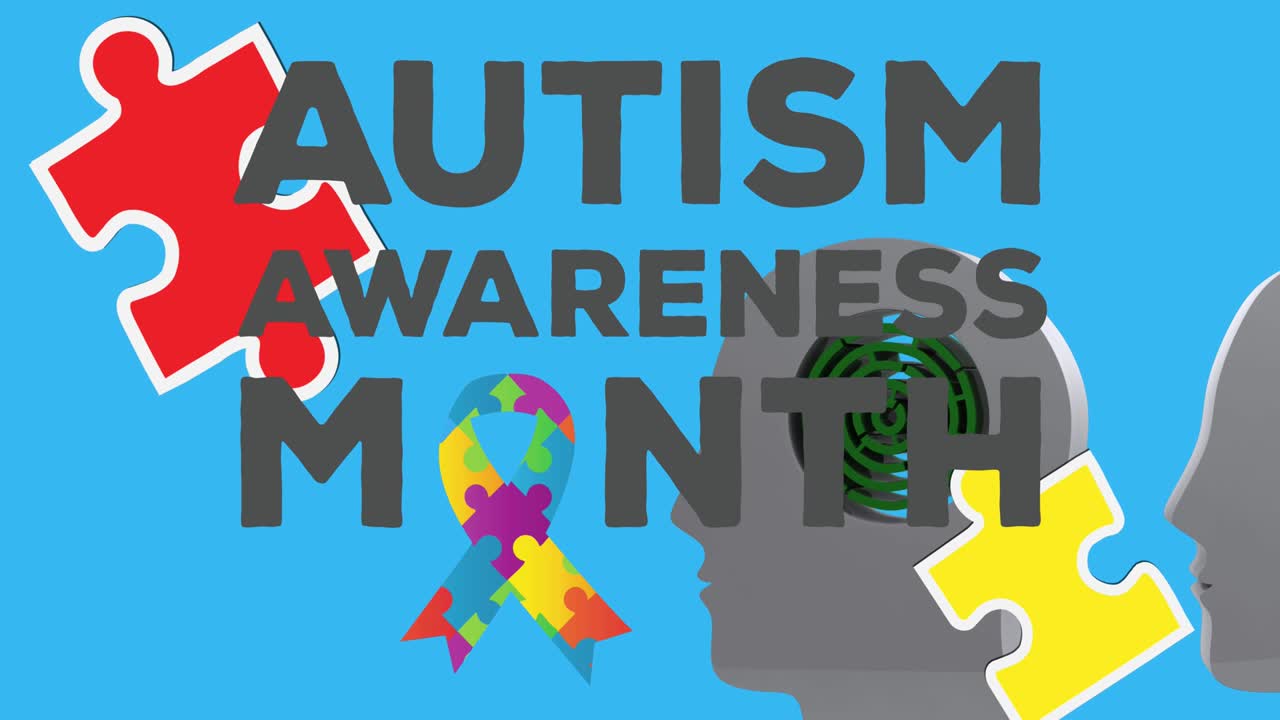 animación del mes de concienciación sobre el autismo texto sobre la cabeza con laberinto y rompecabezas que forman cinta
