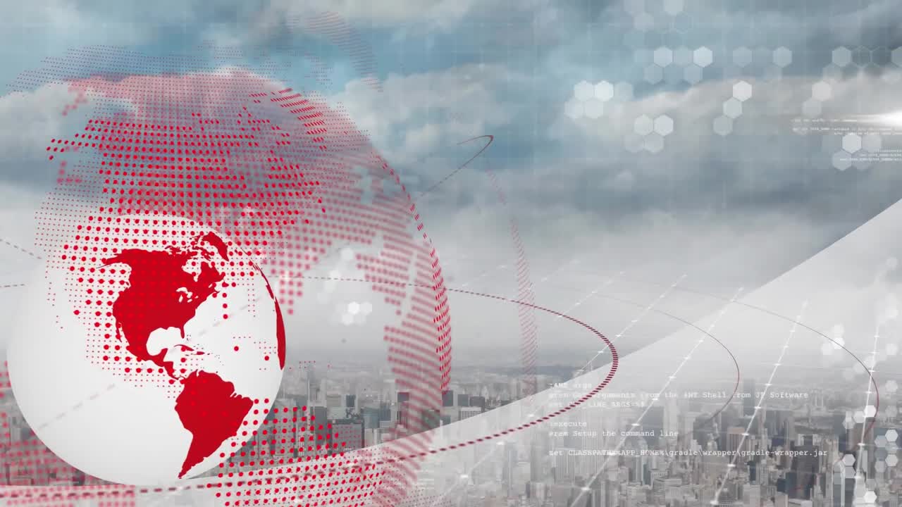 Animation of abstract pattern and rotating globe over aerial view of cityscape against cloudy sky