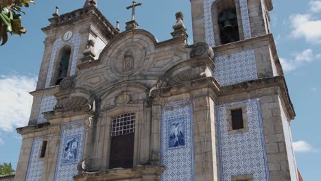 facade covered with azulejos tiles of sao pedro church in gouveia, portugal