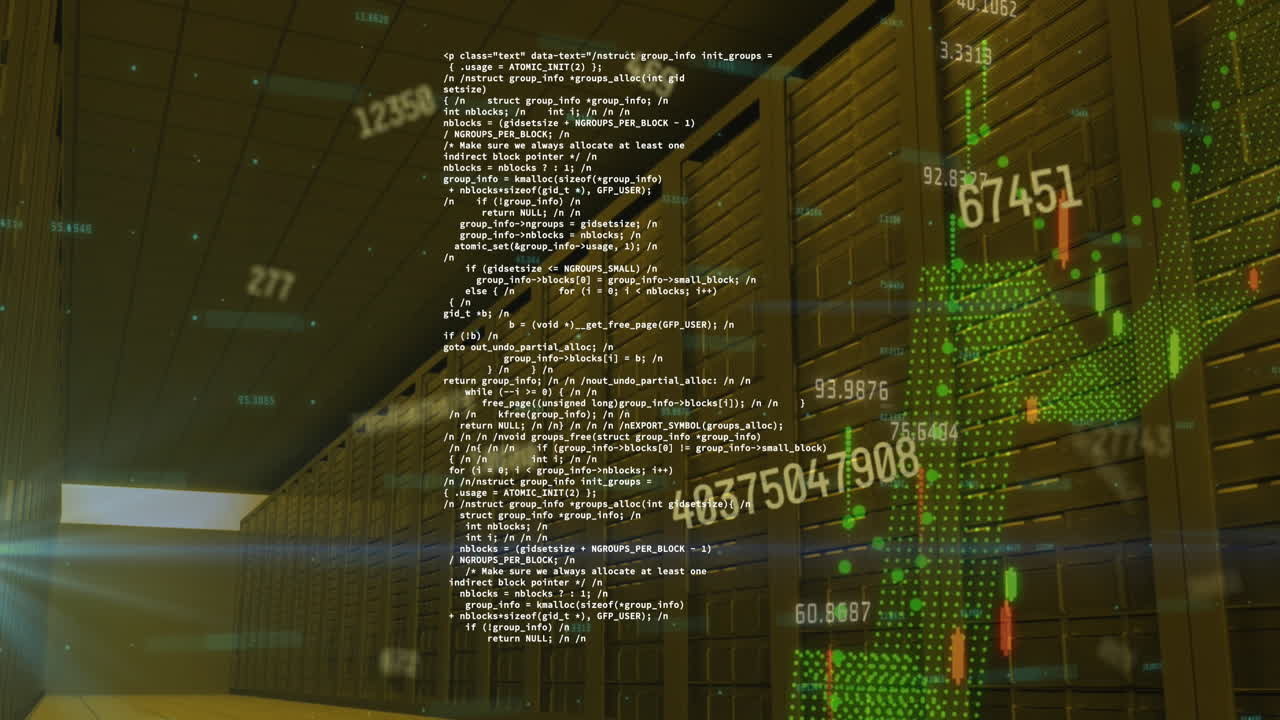 Animation of changing numbers, graphs, computer language over data server room
