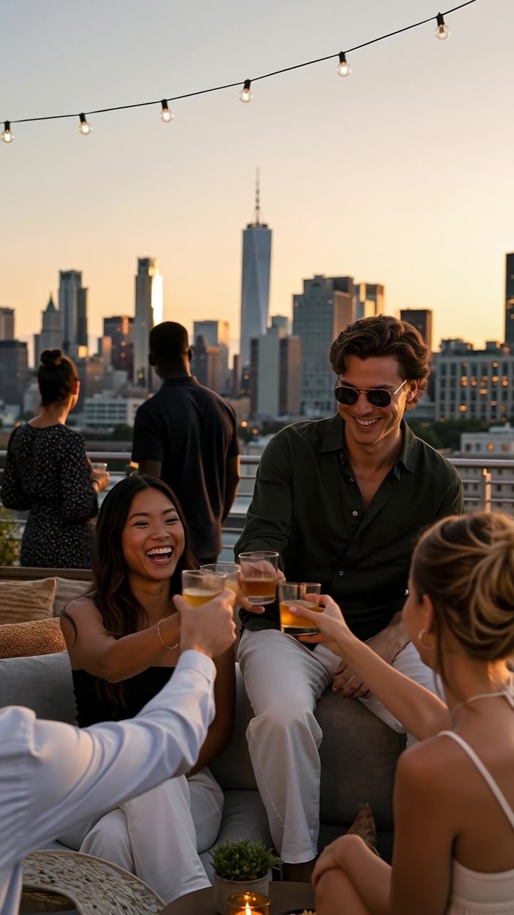 Gruppo di amici che brindano con bevande durante una festa sul tetto con lo skyline della città al tramonto come sfondo.