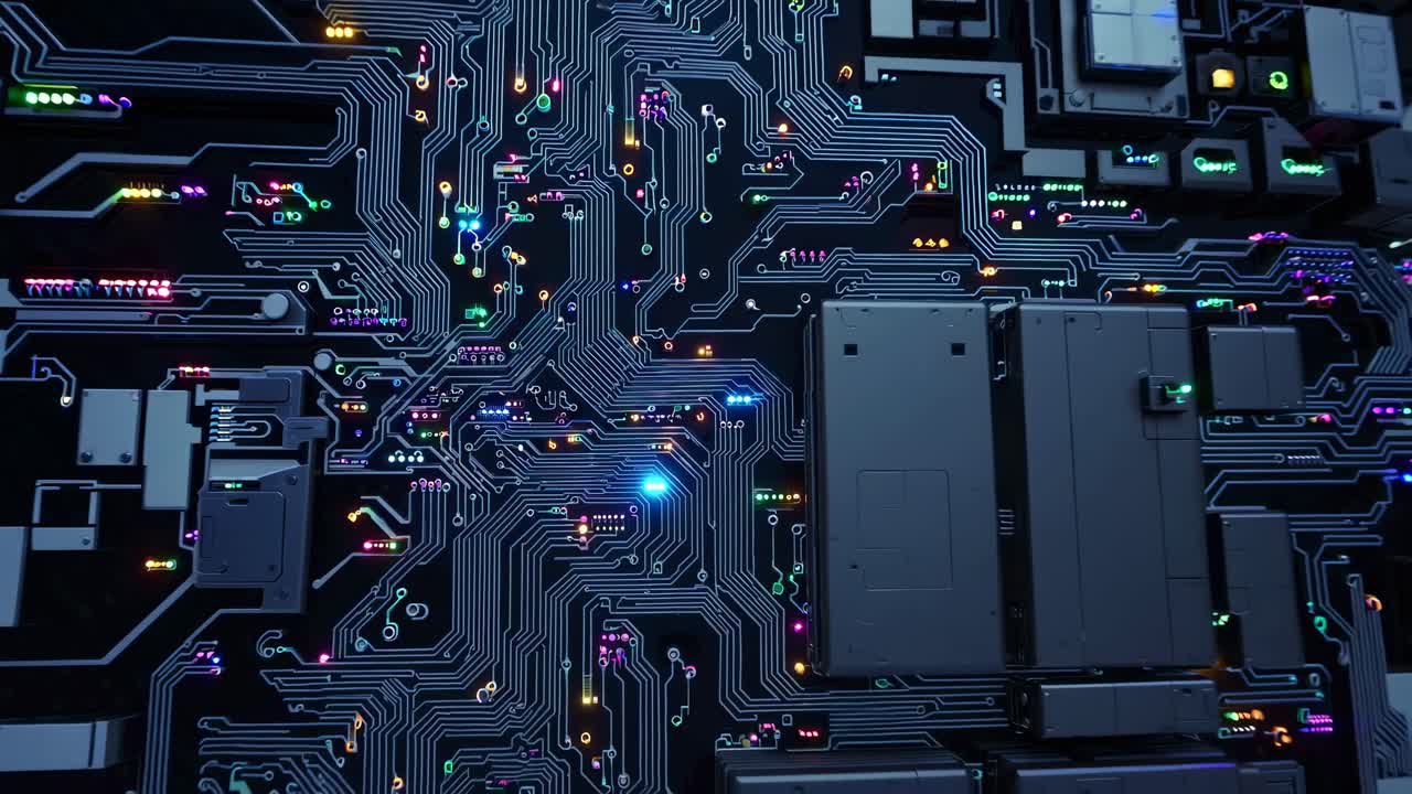 сложная электронная схема, раскрывающая сложные пути, светящиеся технологические компоненты с сложным цифровым дизайном и взаимосвязанными сетями