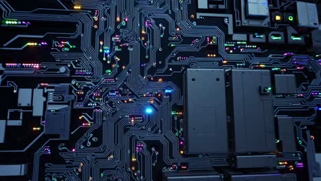 circuiti elettronici intricati che rivelano percorsi complessi, componenti tecnologici luminosi con un sofisticato design digitale e reti interconnesse