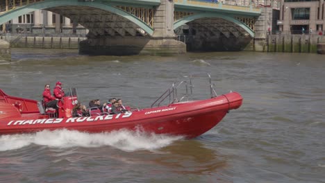 Tourist-Speedboat-On-River-Thames-Going-Under-Canon-Street-Bridge