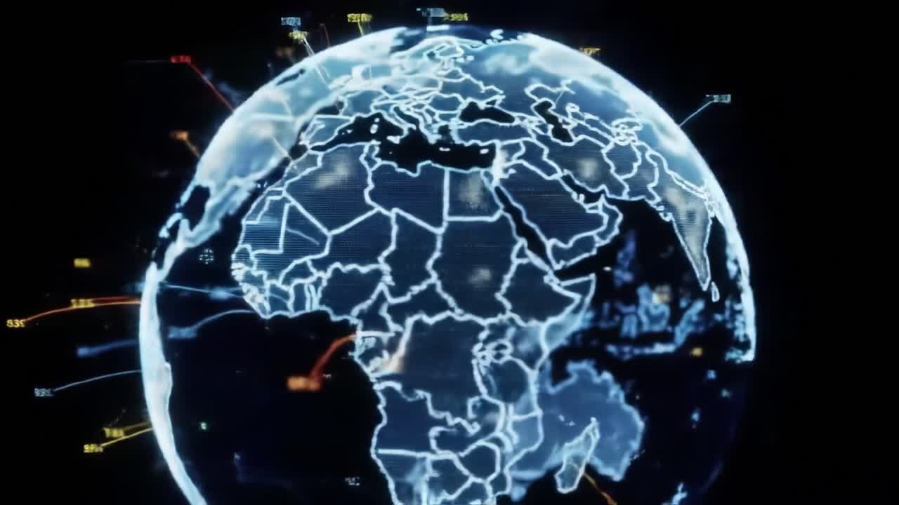 A Stunning Digital Visualization of the Globe Showcasing Global Connectivity and Data Flow Over Geographic Zones in a Futuristic Style