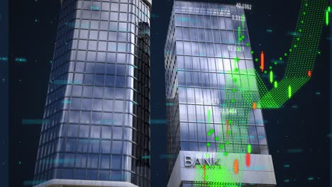 animation of financial data processing over modern bank building