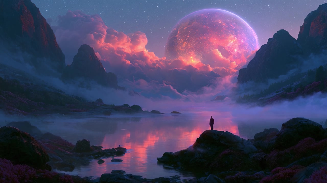 Un paesaggio mozzafiato e onirico al tramonto, con un cielo notturno spettacolare e un pianeta massiccio che illumina la scena su acque calme e montagne circostanti.