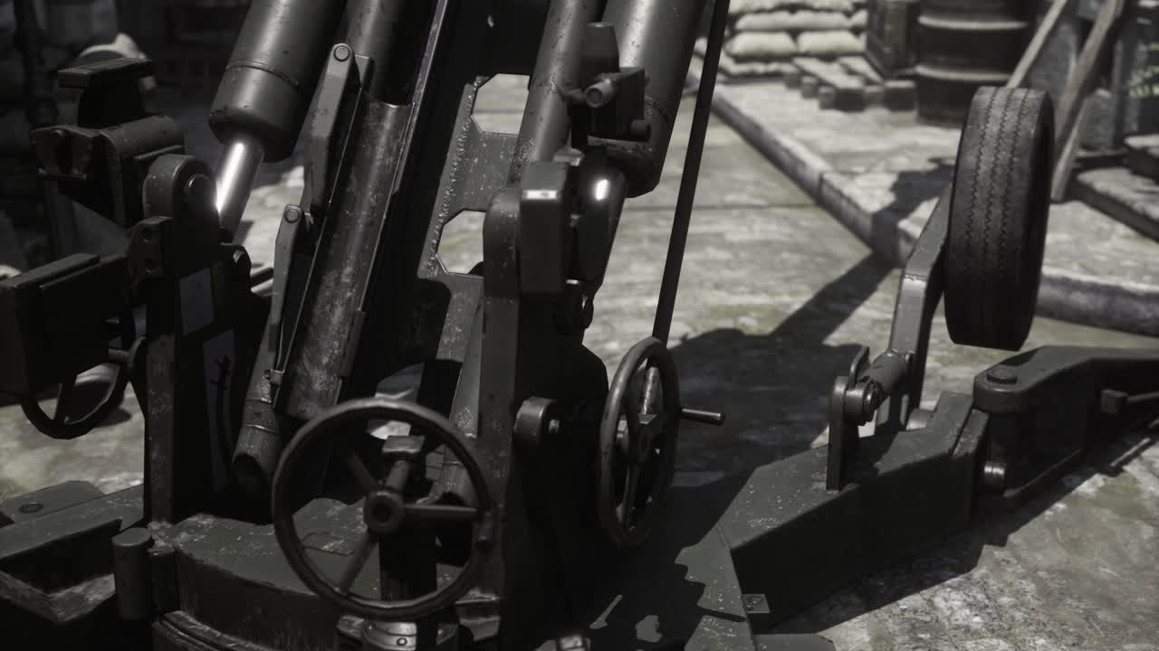 Details of a military artillery piece during a tactical exercise in urban ruins