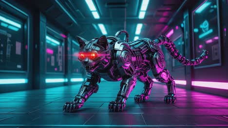 cybernetic cat in a futuristic neon corridor