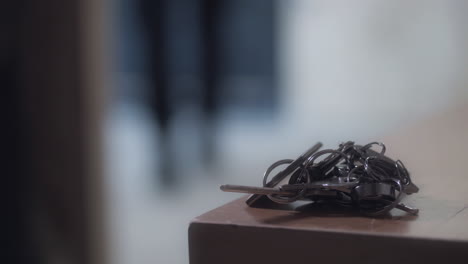 Hand-putting-keys-on-dresser-going-into-room-and-turning-on-light