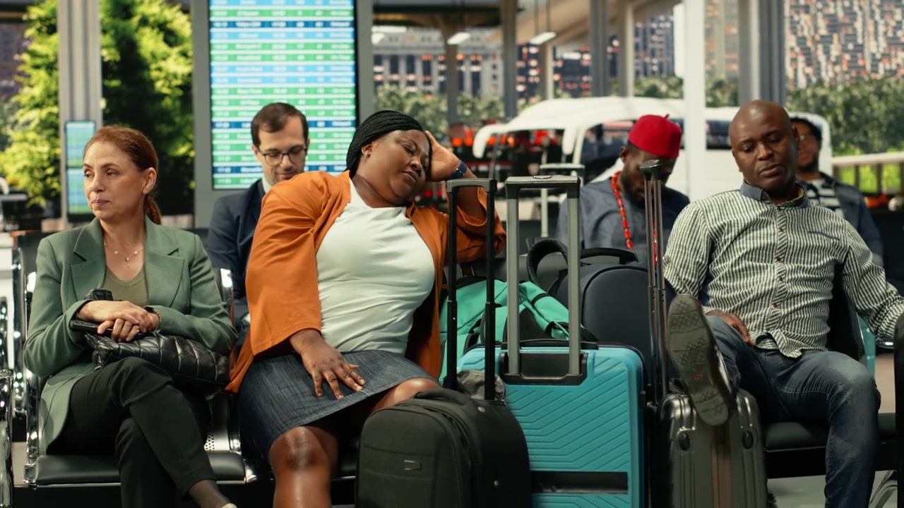 African american couple approaching departure board for intercity bus timetable
