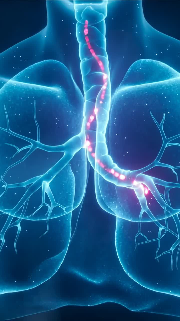 Video verticale: Mostrando un tracciante rosa che entra nella trachea e si sposta nei bronchi destri in 3D a scopo di studio.