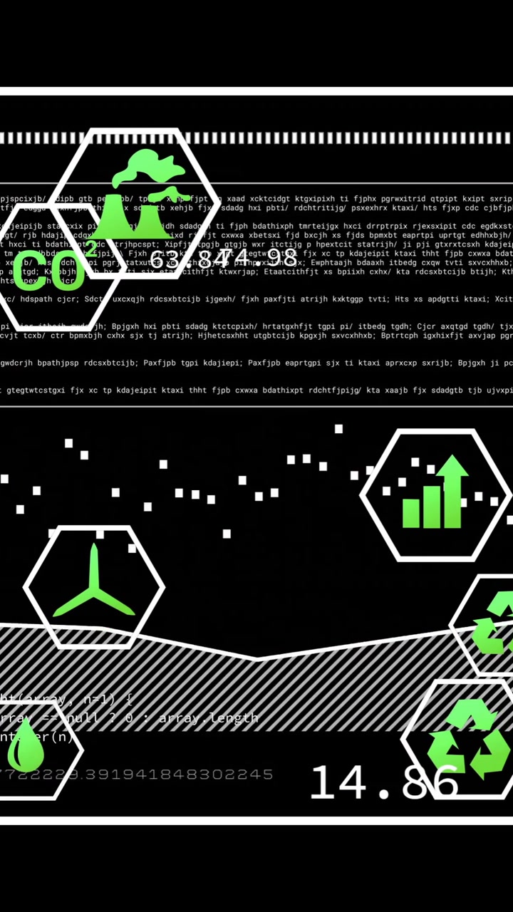 Animation of ecology icons over data processing on black background