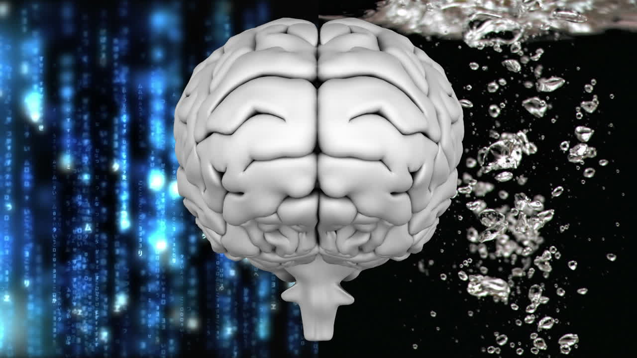 cerebro gris con tecnología y fondo de agua