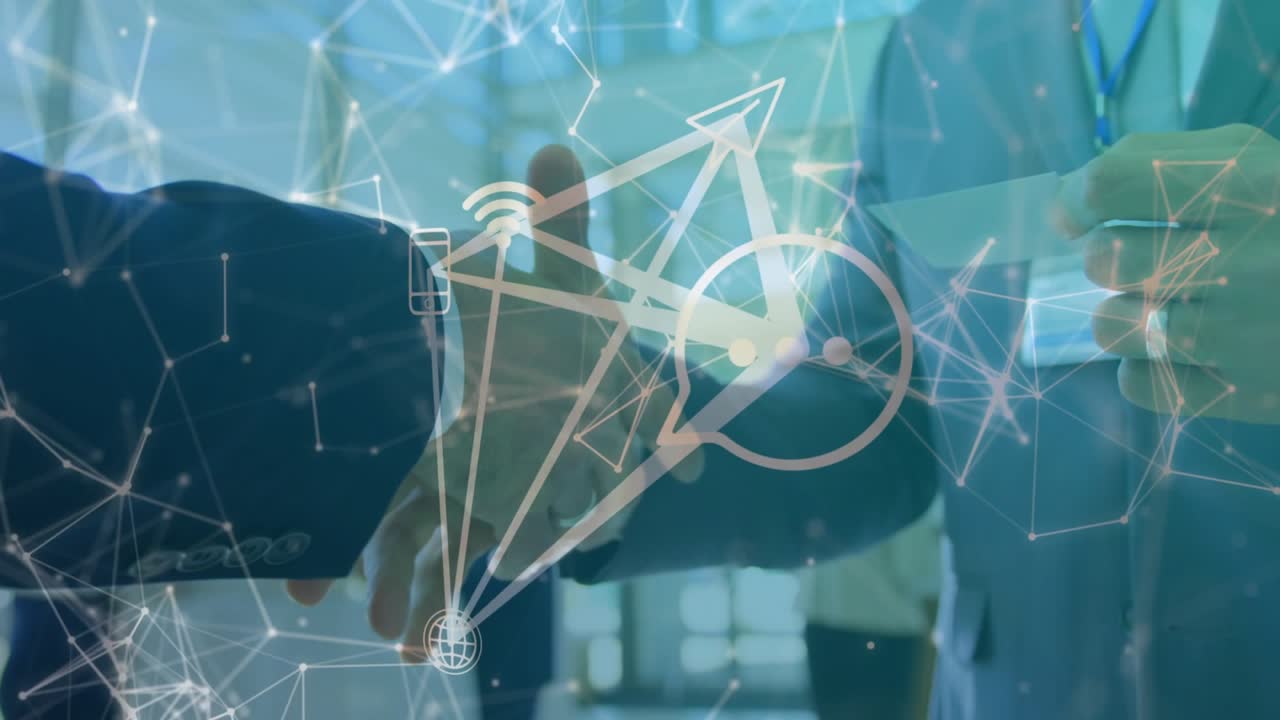 Business professionals shaking hands, sparking phone icon, network graphics during card exchange