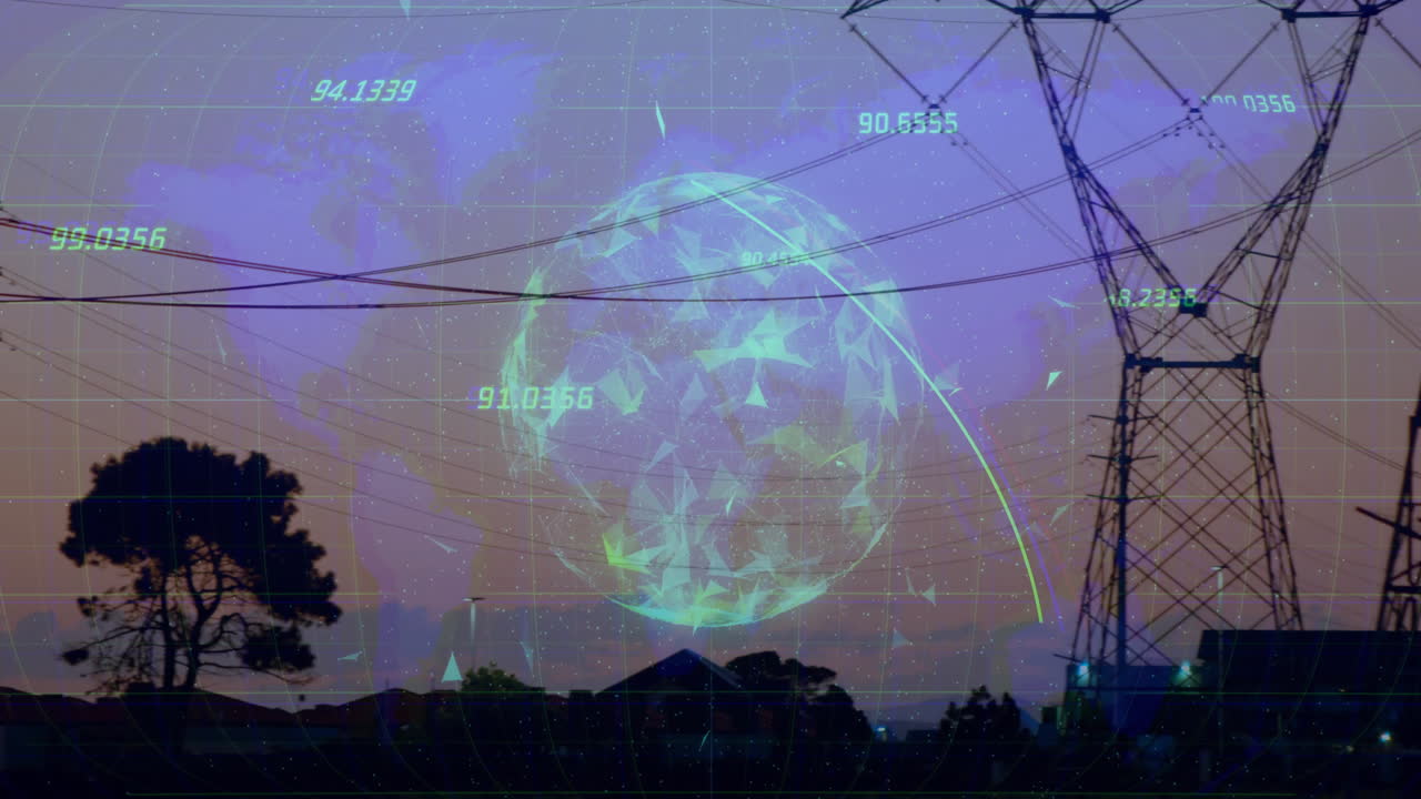 Digital globe and data points animation over silhouette of power lines at dusk