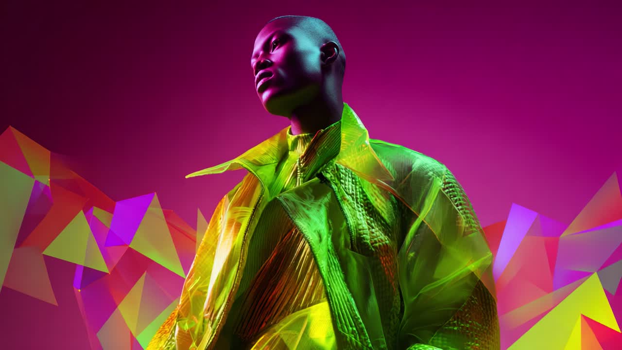 A striking visual composition featuring a model in vibrant neon attire, highlighted by colorful geometric shapes, showcasing a fusion of fashion and modern art aesthetics in a captivating studio environment