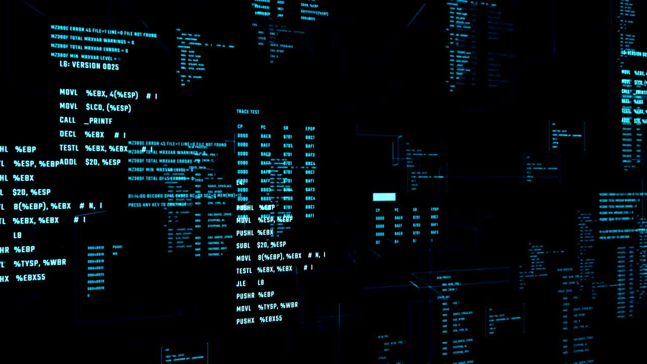Futuristic interface with running code in a virtual space.