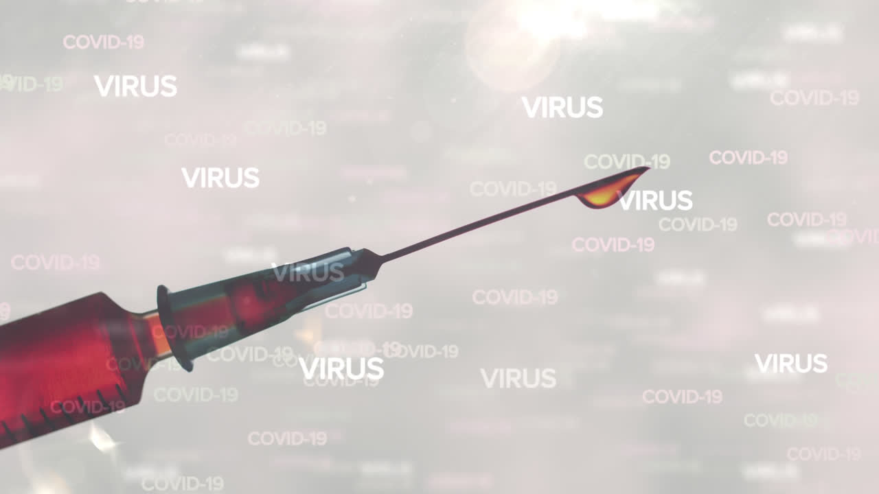 Covid-19 and virus text against close up of a syringe