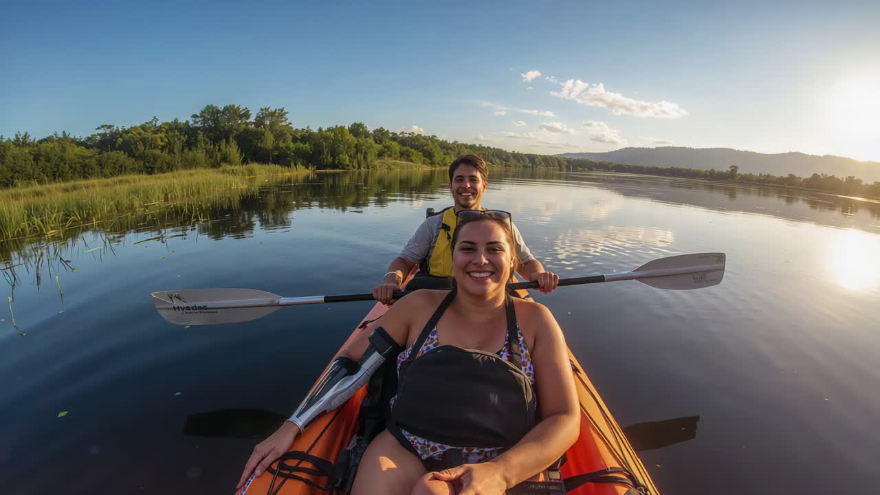 Camera starting couple paddling tandem kayak with paddle toward tree line at sunset in life jackets