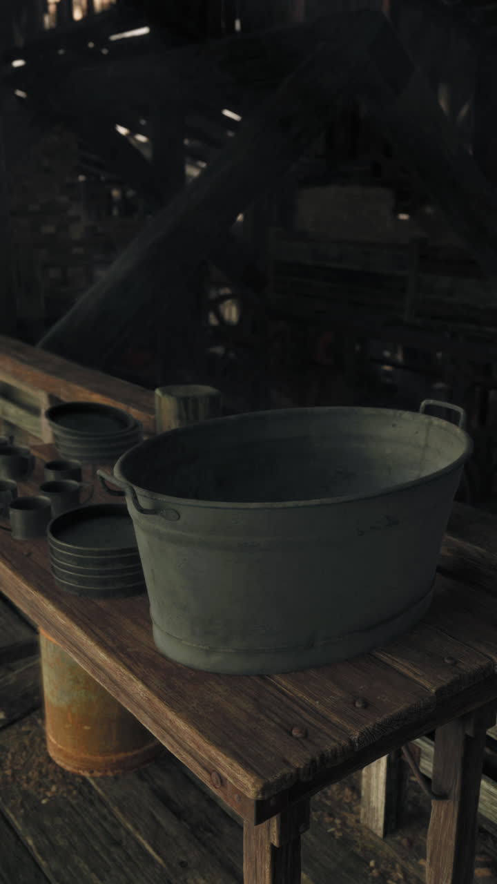 vieja bañera de metal en una mesa rústica en un granero abandonado