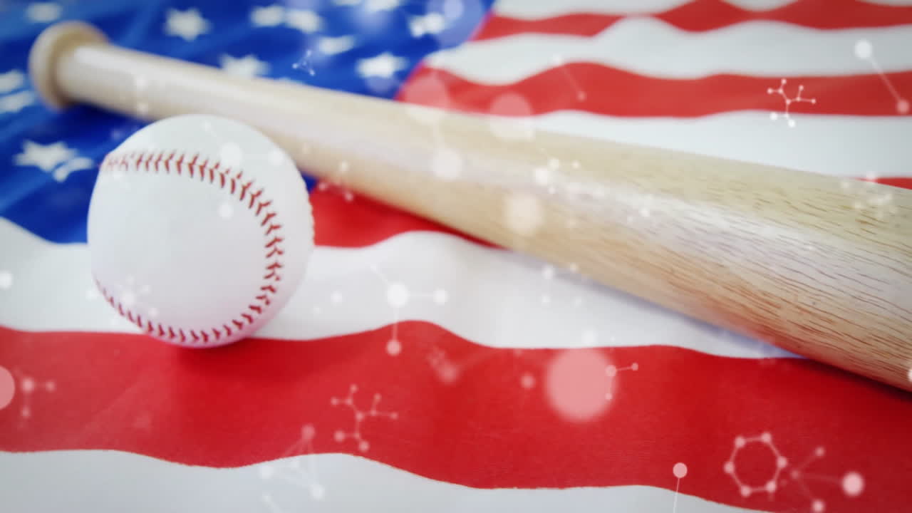 Baseball bat on American flag with animation of abstract light effects