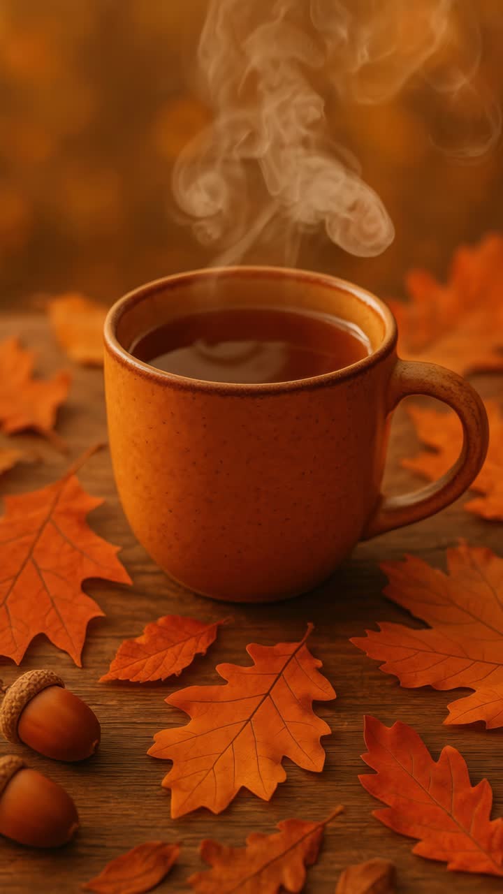 Warm autumn scene with a steaming mug of coffee surrounded by leaves and acorns