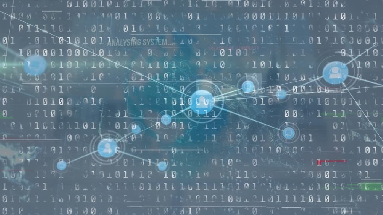 Animation of connections, lights and binary code on dark space